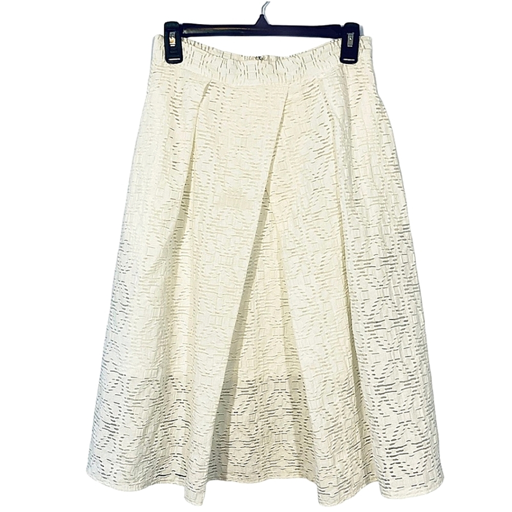 L’ATISTE White Eyelet Front Pleat Lined A-Line Skirt Side Pockets Size L